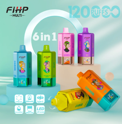 FIHP Multi 120000 Puffs Disposable Vape 6 in 1 Multiple Flavors Dual Mesh Coil Type-C Rechargeable LEDDisplay E-Cigarette 64ml E-liquid 30PS