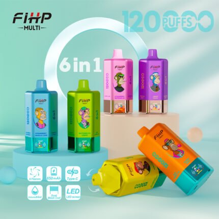 FIHP 6 in 1 Multiple Flavors Disposable Vape Pen 120000 Huge Puffs Dual Mesh Coil LED Power Display Type-C Fast Rechargeable 50PS